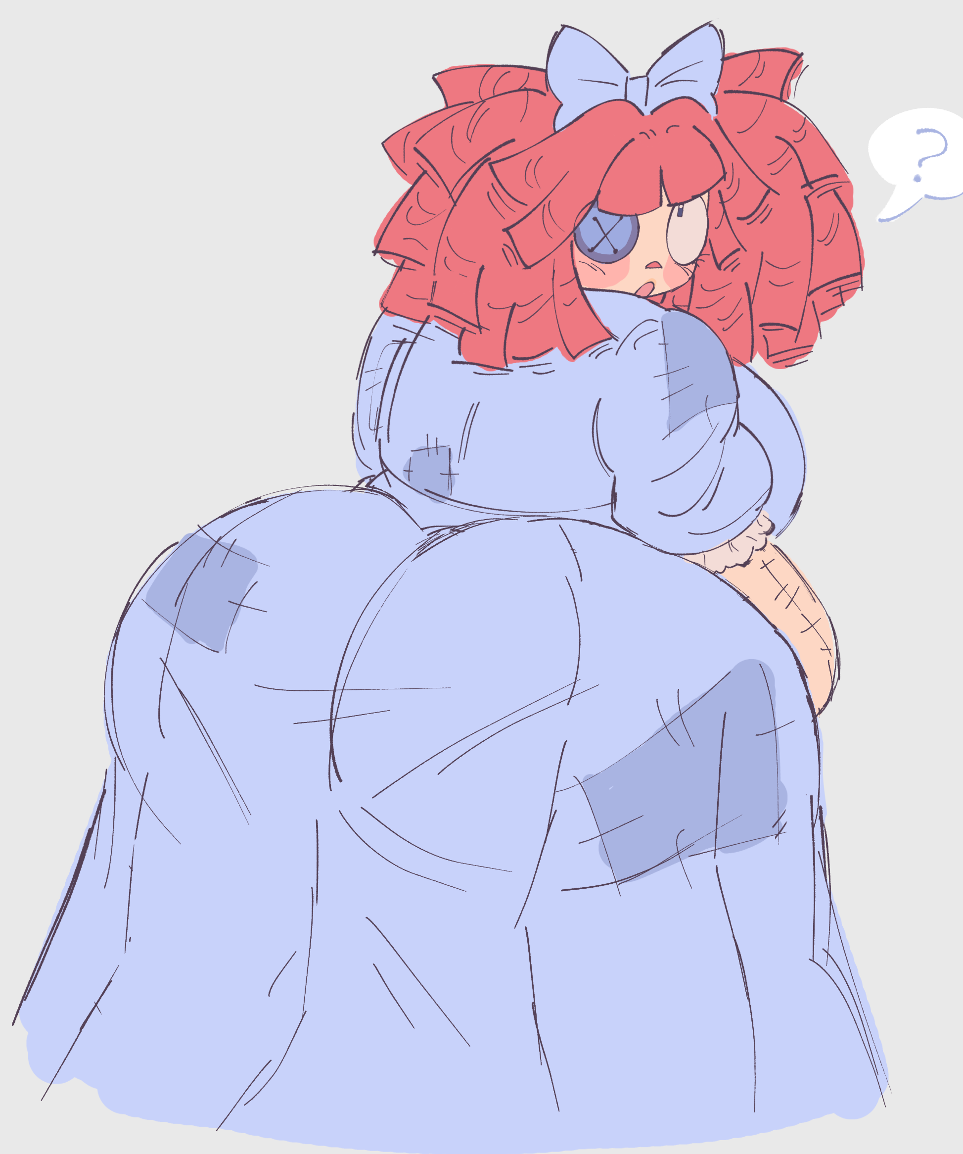 ass, ass focus, ass outline, back view, big breasts, confused, dress, fat ass, huge ass, hyenaconfetti, panties outline, ragatha, ragatha (tadc), ragatha (the amazing digital circus), solo, tadc, the amazing digital circus, underwear outline