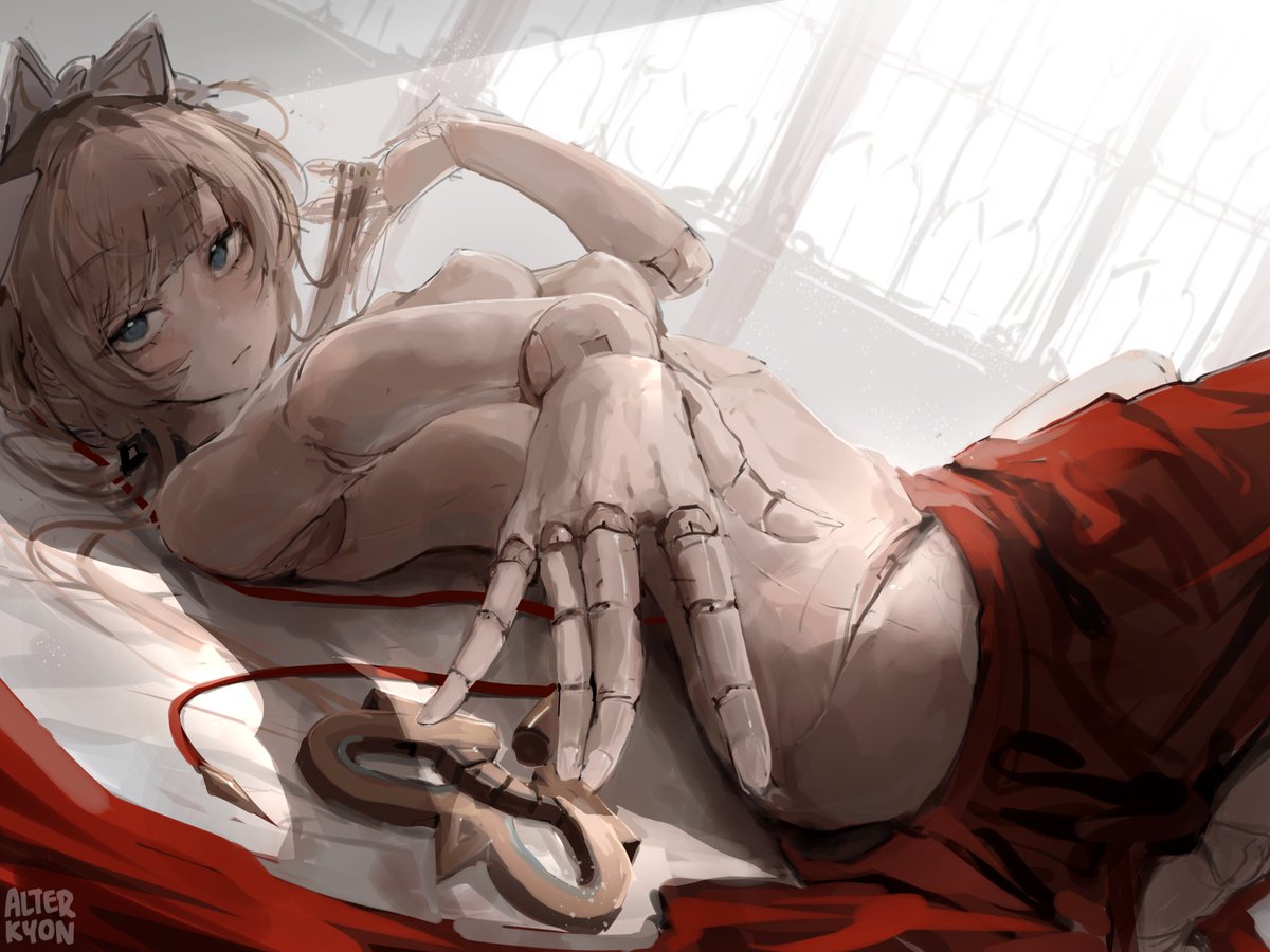 alterkyon, artistic nude, ball joints, doll girl, doll joints, female, female only, genshin impact, laying on back, looking at viewer, sandrone (genshin impact), solo