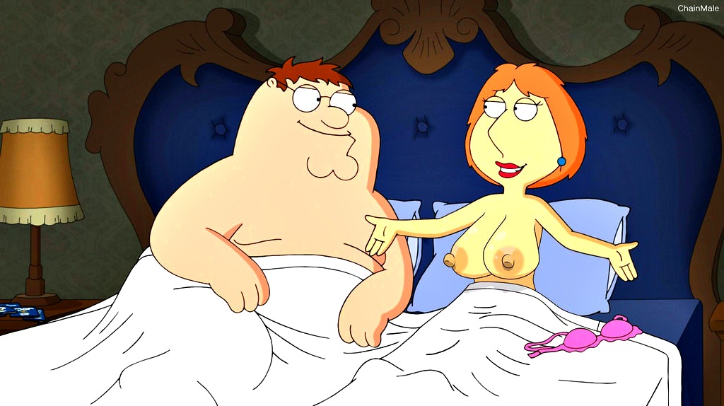 bed big_breasts breasts chainmale family_guy female huge_breasts lois_griffin male milf nipples peter_griffin smile