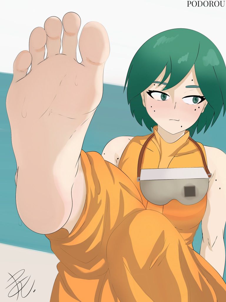 1girls, absurdres, artist signature, babe, barefoot, beauty mark, blush, blushing, boots removed, cute female feet, feet, feet up, female focus, female only, foot fetish, foot focus, foot play, foot worship, googles, green eyes, green hair, highres, indie game, motorslice, orange outfit, p (motorslice), podorou, presenting feet, sexy female, showing feet, smelly feet, soles, soles fetish, solo female, sweaty feet, toes, tomboy, video game character
