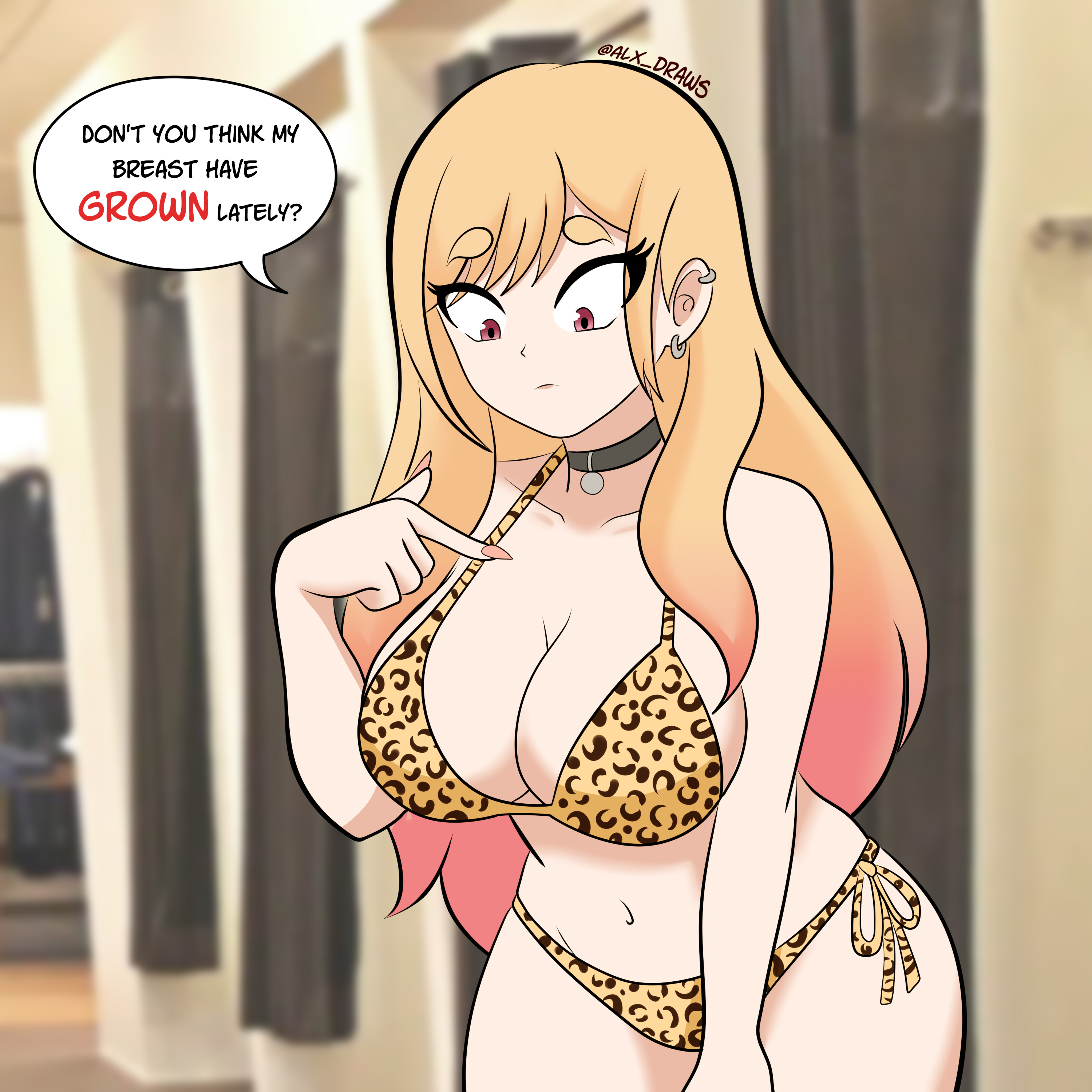 1girls, alxdraws, artist name, bikini, blonde hair, breast expansion, choker, cleavage, dialogue, dressing room, earrings, expansion, gradient hair, implied breast expansion, kitagawa marin, large breasts, leopard print, leopard print bikini, long hair, looking at own breasts, my dress up darling, navel, pointing at breasts, sono bisque doll wa koi wo suru, speech bubble, string bikini