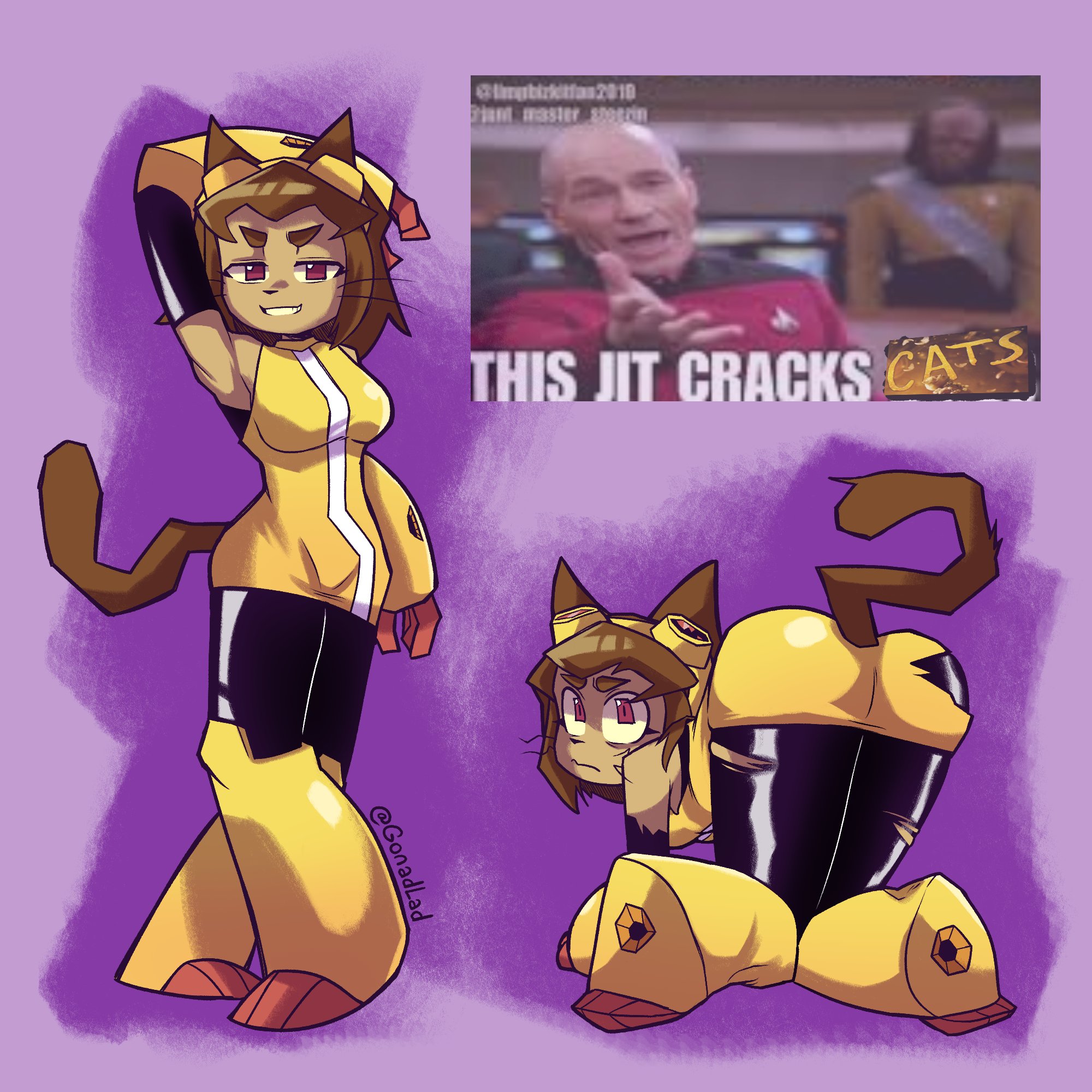 1girls, anthro, arm up, armor, armpits, ass, ass up, bangs, bent over, bob cut, breasts, brown fur, brown hair, cat ears, cat tail, catgirl, clothed, clothing, english text, fur, furry, gameoverse, gauntlets, glitch productions, goggles, gonadlad, human, jean-luc picard, kit (gameoverse), kit bodega, klingon (species), leggings, looking at viewer, looking back, meme, multiple views, on all fours, on hands and knees, on knees, perky breasts, petite, pinup, purple background, purple eyes, ripped clothing, short hair, shoulder length hair, skin tight, sleeveless, sleeveless dress, solo, standing, star trek, star trek the next generation, starfleet uniform, tight clothing, watermark, worf, yellow dress, yoga pants