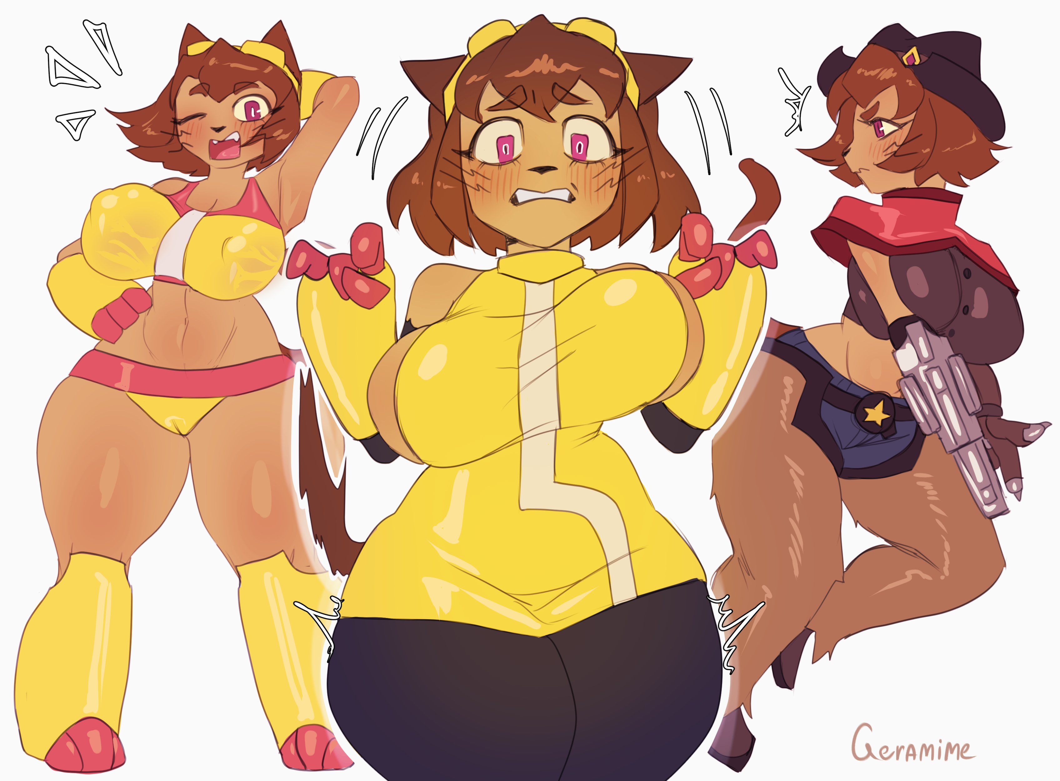 1girls, animal ears, anthro, ass, big breasts, breasts, brown hair, cat ears, cat tail, catgirl, cowboy hat, cowgirl outfit, cropped legs, furry, gameoverse, geramime, glitch productions, gloves, huge breasts, kit (gameoverse), large breasts, multiple outfits, short hair, solo, striped, tail, thick thighs, thighs, yellow skin