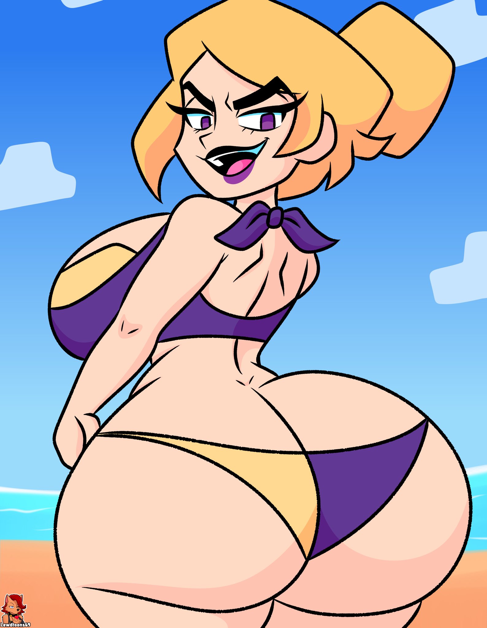 1girls, ass, ass focus, back view, big ass, big breasts, bikini, blonde hair, dumptruck ass, female, female only, gameoverse, glitch productions, huge ass, huge breasts, lewdtoons, light skin, light-skinned female, lipstick, makeup, miss information (gameoverse), ponytail, purple eyes, purple lipstick, solo, thick thighs, wide hips