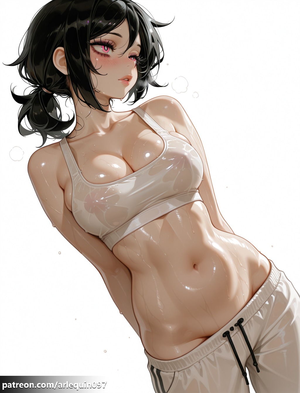 1girl, ai generated, arlequin097, arms behind back, ashley graves, bare shoulders, black hair, blush, breasts, breath, cleavage, clothes pull, collarbone, covered nipples, cowboy shot, drawstring, dutch angle, groin, large breasts, linea alba, lips, medium breasts, midriff, navel, nipples, no panties, one eye closed, pants, pants pull, parted lips, pink eyes, see-through, shiny skin, short hair, short ponytail, simple background, solo, sports bra, standing, steaming body, stomach, sweat, sweatpants, the coffin of andy and leyley, track pants, wet, wet clothes, white background, white pants, white sports bra