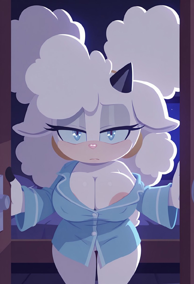 ai generated, cleavage, dog husky ai, female, female only, lanolin the sheep, mobian, mobian (species), sheep, shirt only, sonic (series), sonic the hedgehog (comics), sonic the hedgehog (series)