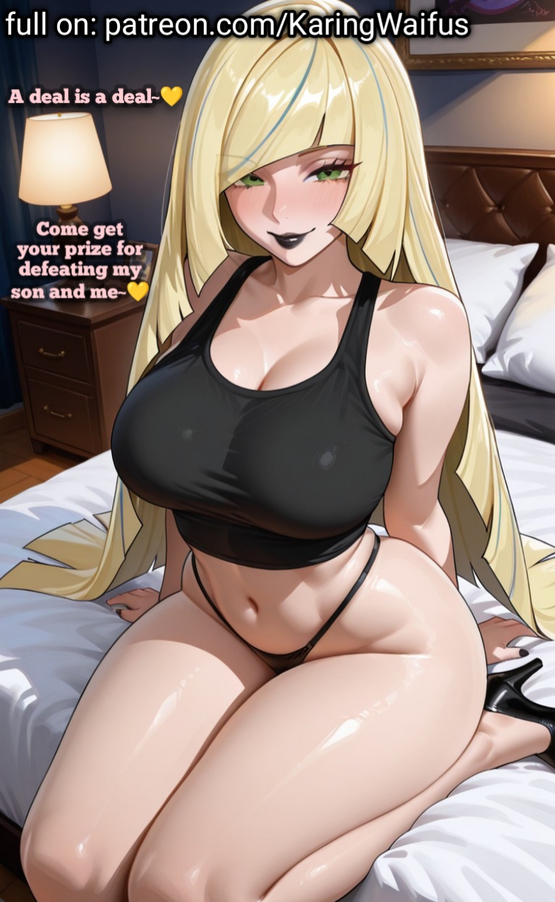 ai generated, ai slop, bed, bedroom, big breasts, black heels, black high heels, black lipstick, black tank top, black thong, black topwear, blonde, blonde female, blonde hair, blonde-haired female, cheating, cheating female, cheating girlfriend, cheating wife, dirty talk, heels, high heels, karingwaifus, lusamine (pokemon), milf, mommy, mother, netorare, ntr, pokemon, seductive, sitting, sitting on bed, tank top, text, thong