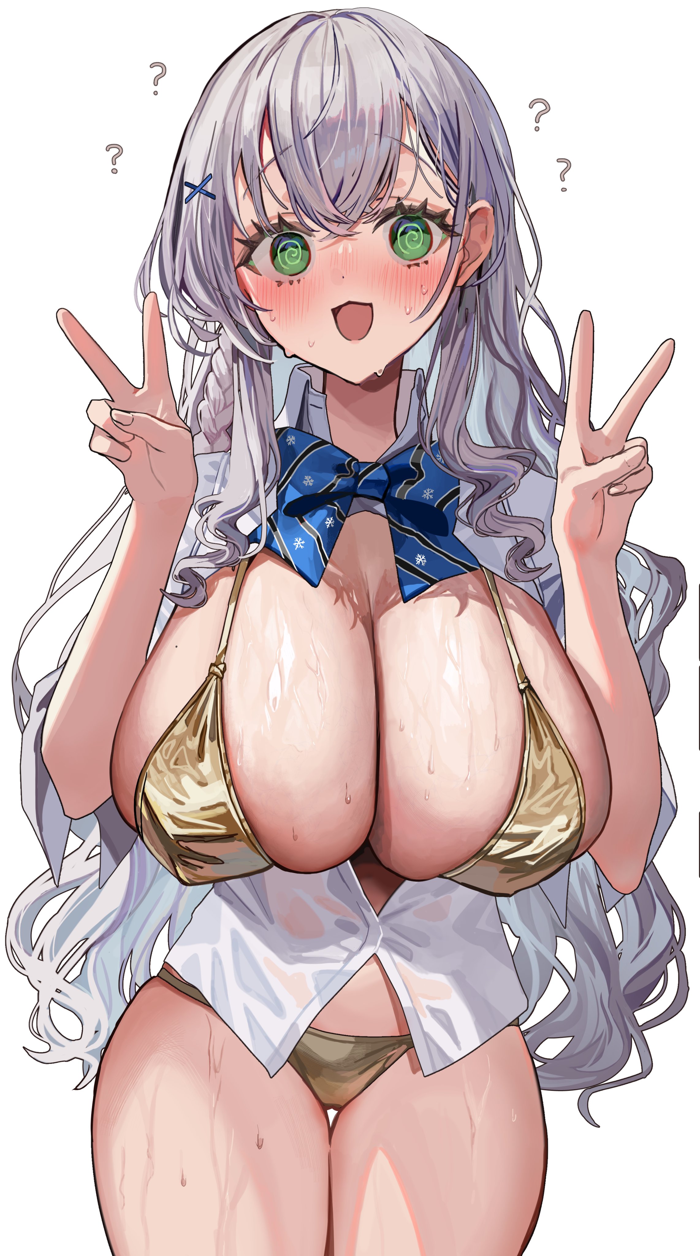 :d, bikini, bikini under clothes, blush, breasts, cleavage, double v, fat tits, gold bikini, golden bikini, golden week, green eyes, hololive, huge breasts, hypnosis, looking at viewer, mind control, no skirt, open clothes, open mouth, rumresn, school uniform, see-through clothing, shirogane noel, short hair, silver hair, spiral eyes, sweat, swimsuit, unaware, unbuttoned shirt, v, virtual youtuber, wet clothes