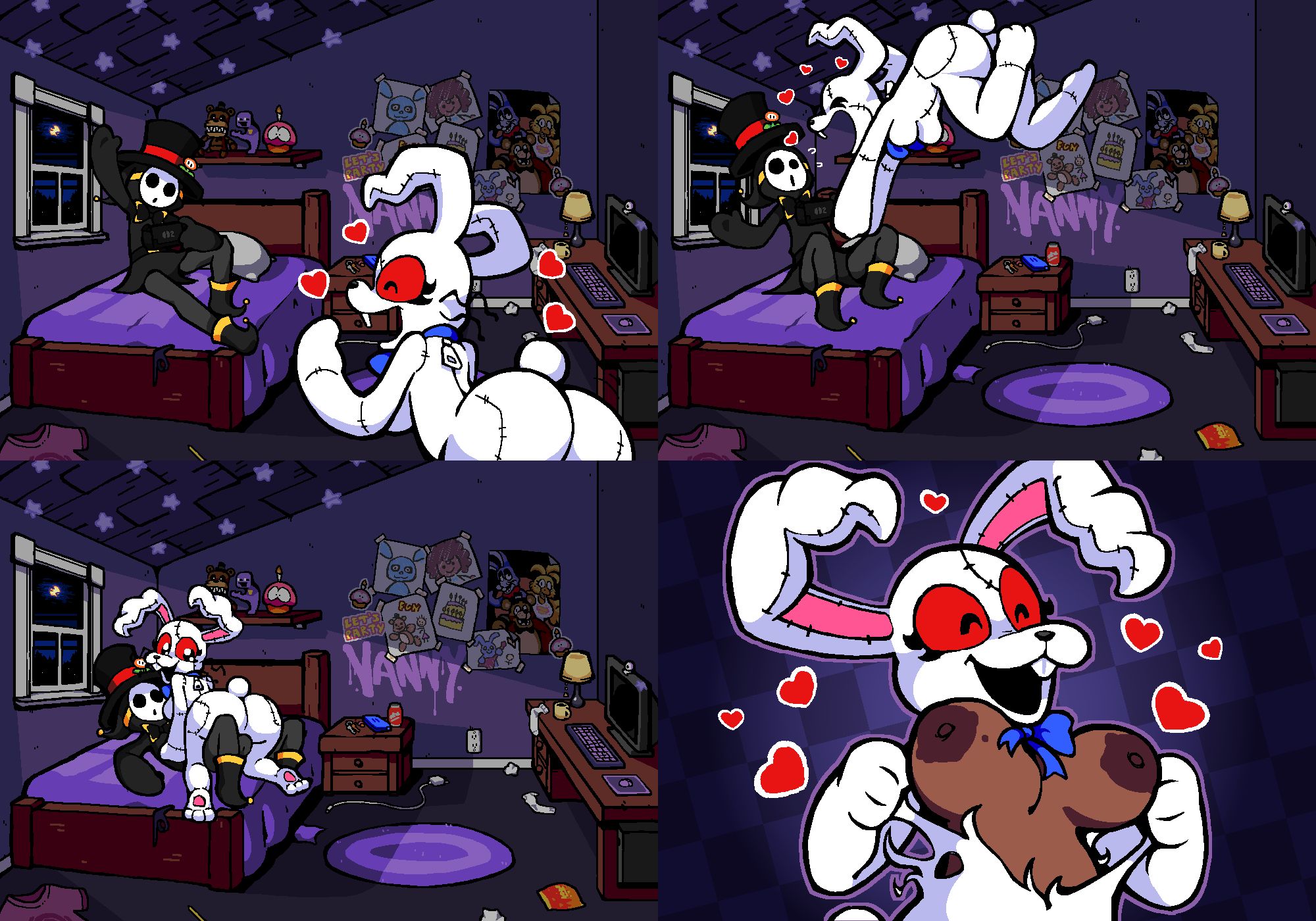 1boy, 1girl, 1girls, anti groove, areolae, ass, ass focus, bed, bedroom, big ass, big breasts, bow, breasts, breasts out, bulge, bulge through clothing, bunny costume, bunny ears, bunny girl, bunny tail, bunnysuit, clothed, clothing, comic, comic page, costume, dark skin, dark-skinned female, excited, female, female on top, five nights at freddy's, five nights at freddy's: security breach, five nights at frickbears, five nights at frickbears 3, furry, heart, jumping, nipples, panties, poster, red eyes, ripped clothes, ripped clothing, rubbing, scattered clothing, sex, softboiled, straight, vannabelle (frickbears 3), vanny (fnaf), vanny (frickbears)