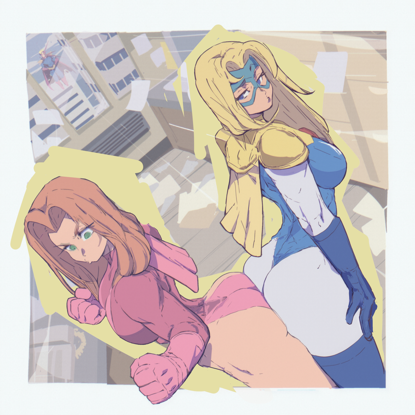 1boy, 2d, 2d (artwork), 2girls, 7 passes, ass, ass press, ass to ass, ass-to-ass, asses touching, atom eve, big ass, big breasts, big butt, blonde blazer, blonde hair, blue eyes, blue gloves, bodysuit, breasts, bubble ass, bubble butt, cape, crossover, digital drawing (artwork), digital media (artwork), dispatch (game), female, female focus, fighting stance, gloves, green eyes, hair, homelander, huge butt, invincible, invincible (tv series), large ass, light skin, light-skinned female, long hair, male, medium breasts, multiple girls, orange hair, pink cape, pink gloves, pressed together, samantha eve wilkins, sideass, superheroine, the boys, thick thighs, yellow cape