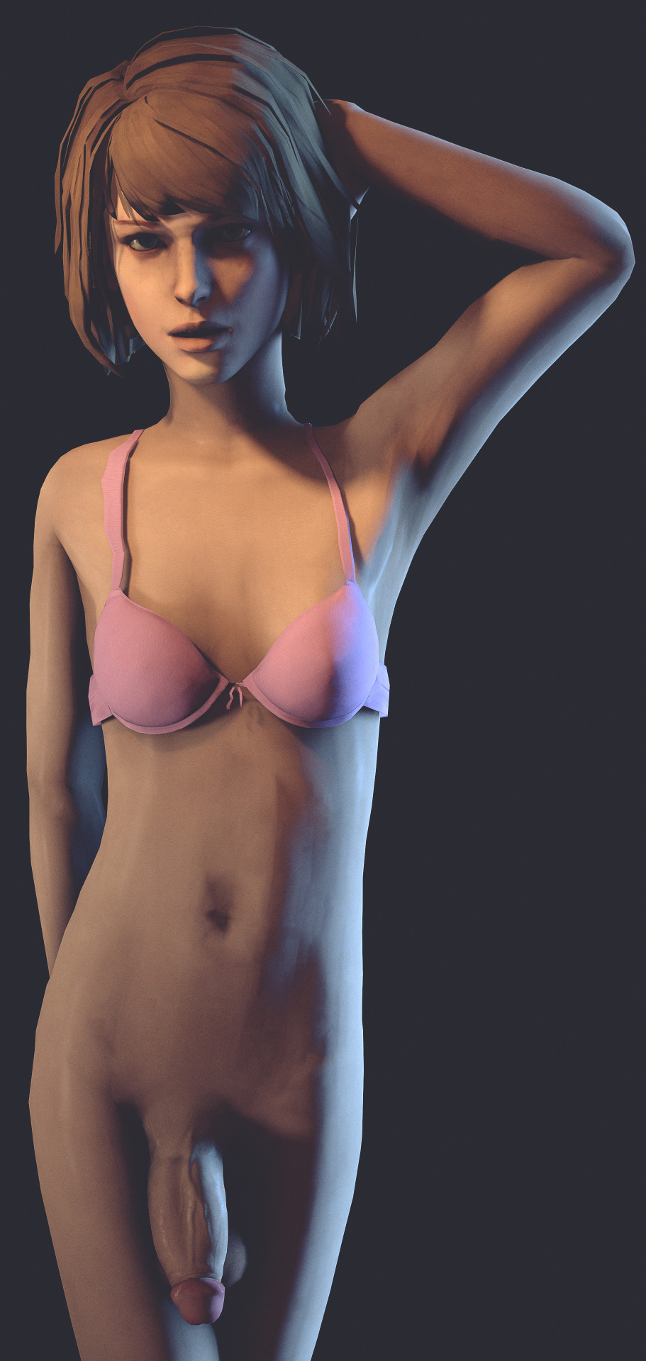 1futa, 3d, arm up, bra, breasts, brown hair, full color, futa only, futanari, hair, half-erect, highres, intersex, large penis, life is strange, looking at viewer, max caulfield, navel, no penetration, penis, short hair, slop art, small breasts, solo, solo futa, video games