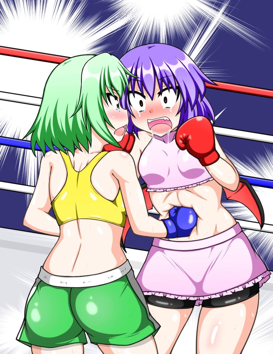 2girls black_shorts blue_boxing_gloves blue_gloves boxing boxing_gloves boxing_ring breasts bruise bruised bruises bsfd catfight combat_skirt female female_focus female_only fighting_ring gloves green_hair green_shorts gut_punch koishi_komeiji manga pink_skirt pink_sports_bra punch punching purple_hair red_boxing_gloves red_gloves remilia_scarlet ryona saliva short_hair shorts small_breasts sports_bra sports_shorts stomach_punch tears textless textless_version touhou tsushima_zan vampire vampire_girl violet_hair yellow_sports_bra