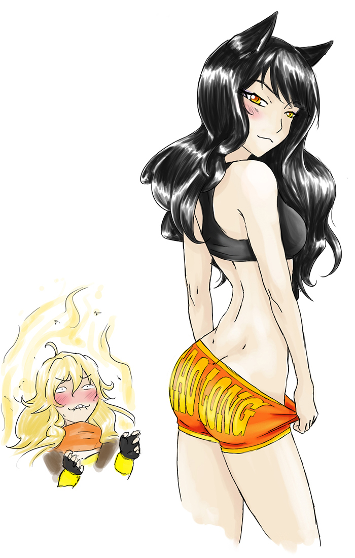 2girls, ahoge, animal ears, ass, ass crack, biting lip, black hair, blake belladonna, blonde hair, blush, butt crack, canon couple, cat ears, clothes writing, female, fingerless gloves, gloves, long hair, looking at viewer, looking back, multiple females, multiple girls, panties, print panties, purple eyes, rwby, smile, thighs, underwear, white background, y8ay8a, yang xiao long, yaya (y8ay8a), yellow eyes, yuri