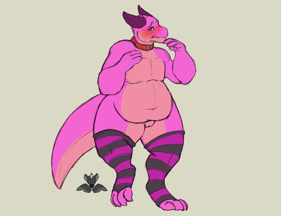 2016 anthro blush clothing collar embarrassed female flat_chested kobold legwear magpiehyena overweight reptile scalie slightly_chubby spaffy stockings