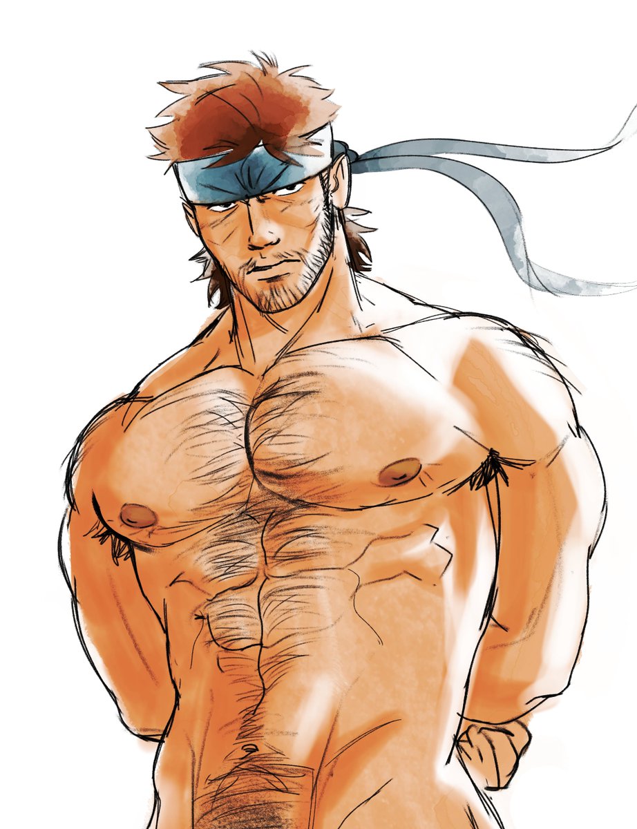 beard, big pecs, dracowel, gay, hairy, hairy chest, hairy male, male, male only, metal gear solid, muscular, muscular male, solid snake, solo, solo focus, solo male