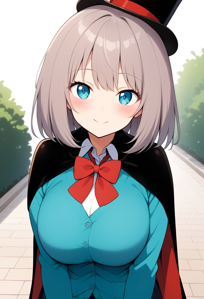 ai_generated blue_eyes blue_shirt bob_cut breasts_squeezed_together cape civitai cylinder grey_hair silver_hair skirt smile tejina_senpai tejina_senpai_(character) tejina_senpai_(series)