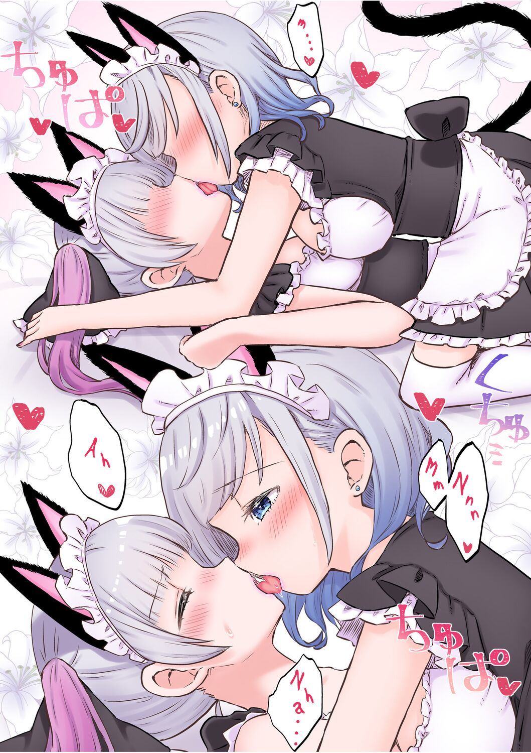 blue_eyes blush cat_ears closed_eyes french_kiss incest kissing lin_(artist) maid maid_uniform open_mouth sisters tongue twins white_hair yuri