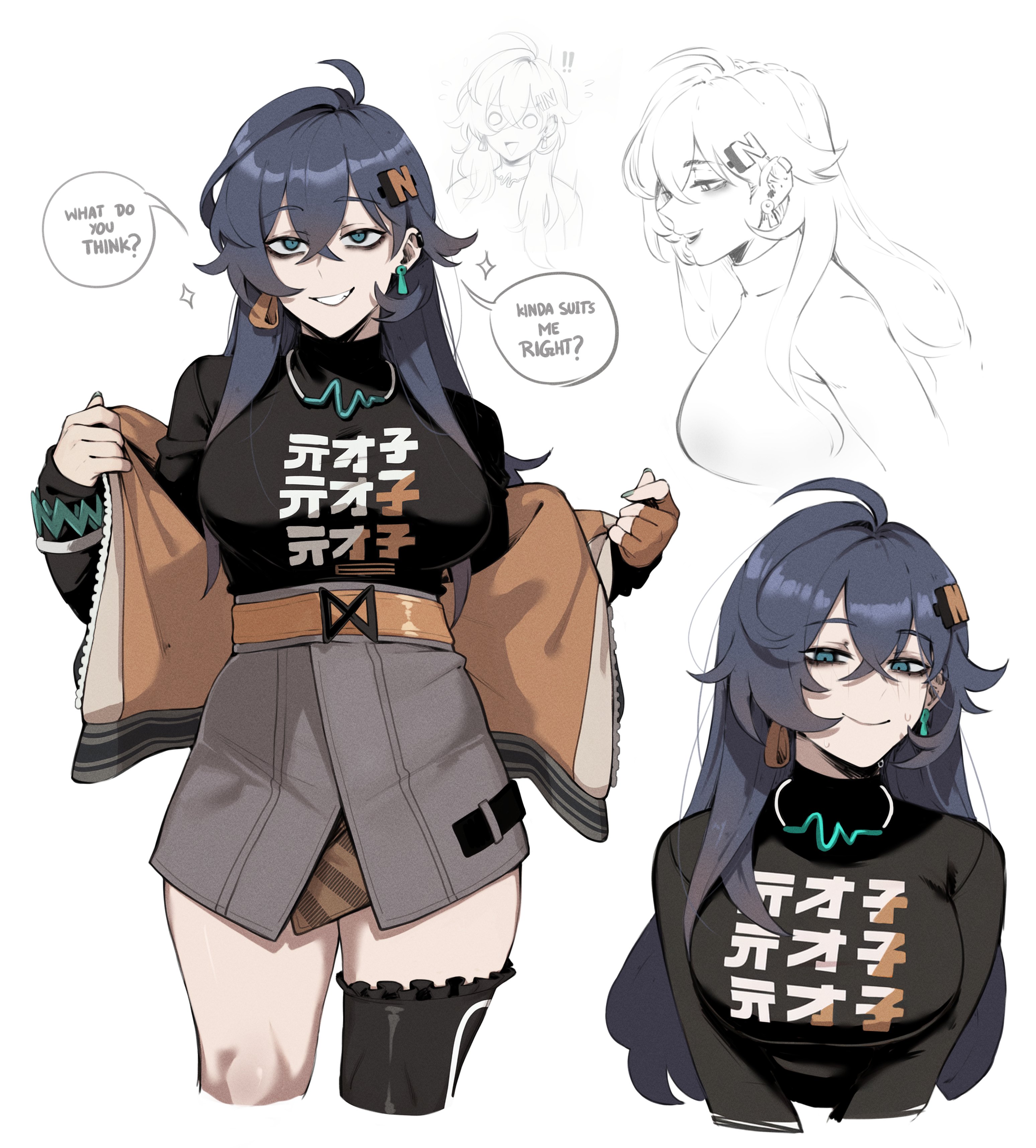 1girls, alternate hairstyle, belle (zenless zone zero), blue eyes, blue hair, breasts, english text, female, female focus, female only, large breasts, light skin, light-skinned female, long hair, looking at viewer, masoq095, solo, text, thick thighs, thighs, white background, zenless zone zero