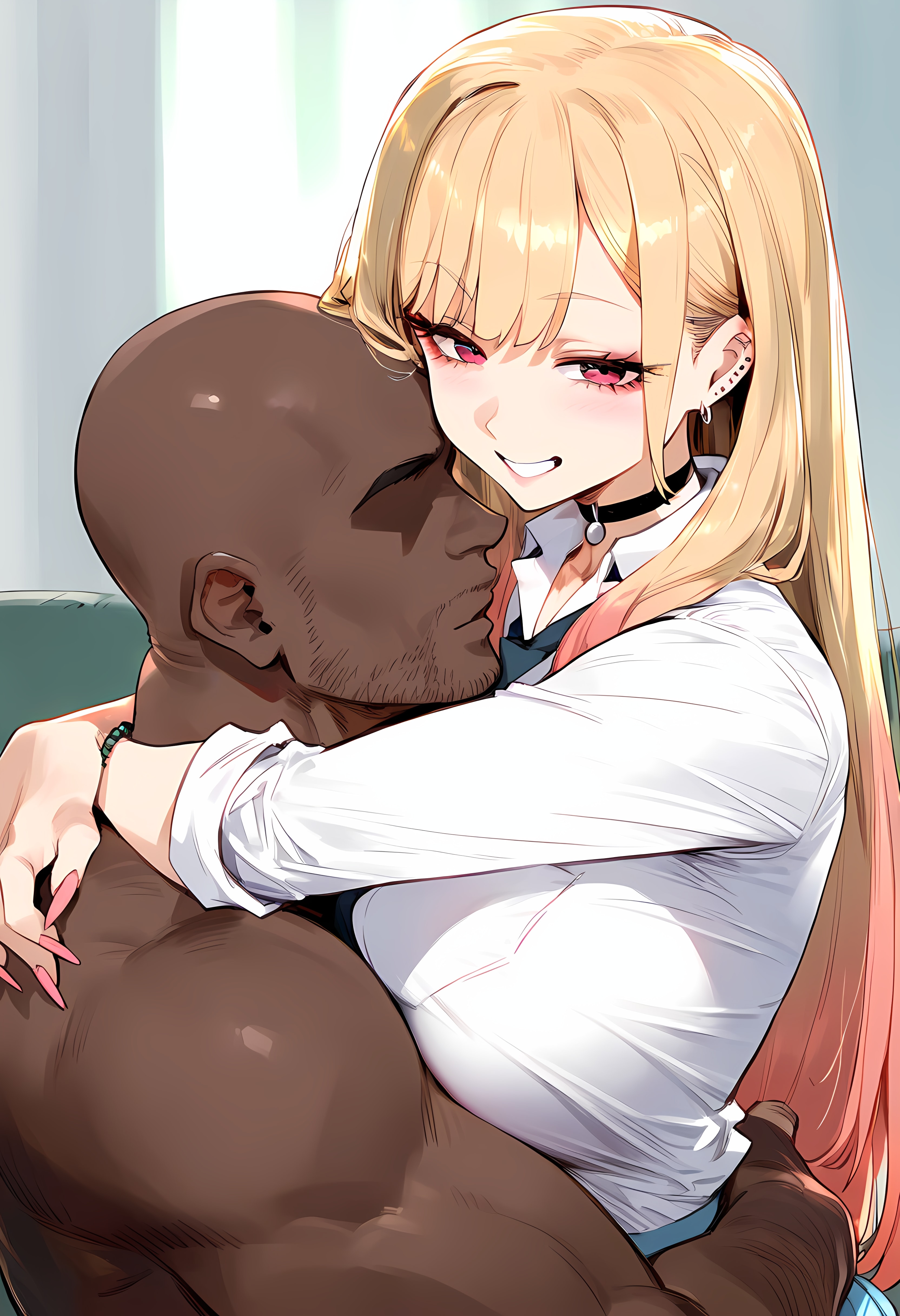 1boy, 1girls, ai generated, arms around neck, ass, bangs, black choker, blonde hair, blue skirt, blush, bracelet, breast press, breasts, choker, clothing, collared shirt, completely nude, curvaceous, curvaceous female, curvaceous figure, curvy, curvy figure, dark skin, dark-skinned male, ear piercing, earrings, faceless, faceless male, female, female focus, grin, gyaru, hug, interracial, jewelry, kitagawa marin, large breasts, long hair, long sleeves, looking at viewer, makeup, male, nail polish, nakatori, necktie, netorare, ntr, nude, piercing, pink nails, red eyes, school uniform, shirt, skirt, smile, sono bisque doll wa koi wo suru, straight, voluptuous, voluptuous female, white shirt