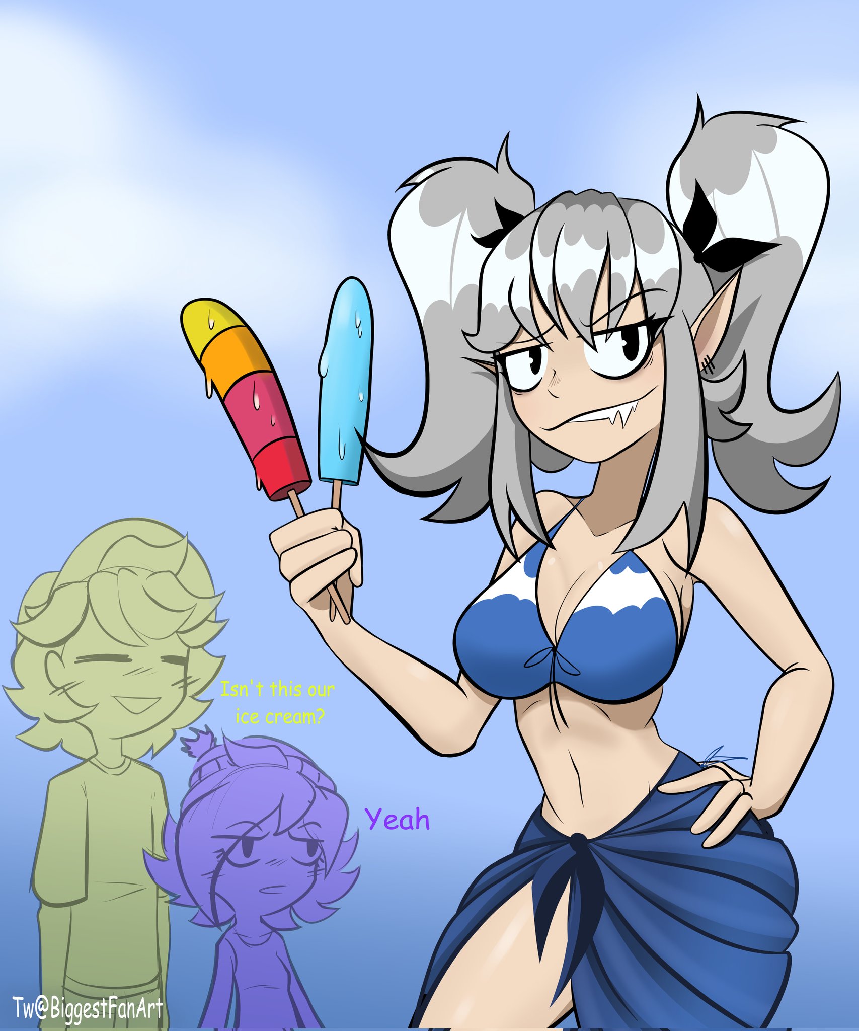 2d, biggestfanart, bikini top, blue background, day, daytime, english text, female, glitch productions, humanized, ice cream, j (murder drones), light-skinned female, male, murder drones, n (murder drones), outdoors, popsicle, tagme, text, uzi (murder drones), white hair