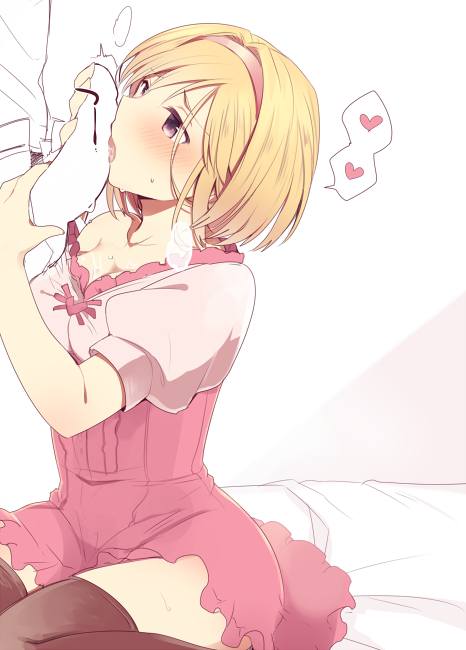 akasa_tanaha black_legwear blonde_hair blush breasts cleavage djeeta_(granblue_fantasy) dress fellatio female granblue_fantasy grey_eyes hairband handjob heart on_bed oral penis short_hair sitting solo_focus spoken_heart thighhighs tongue two-handed_handjob