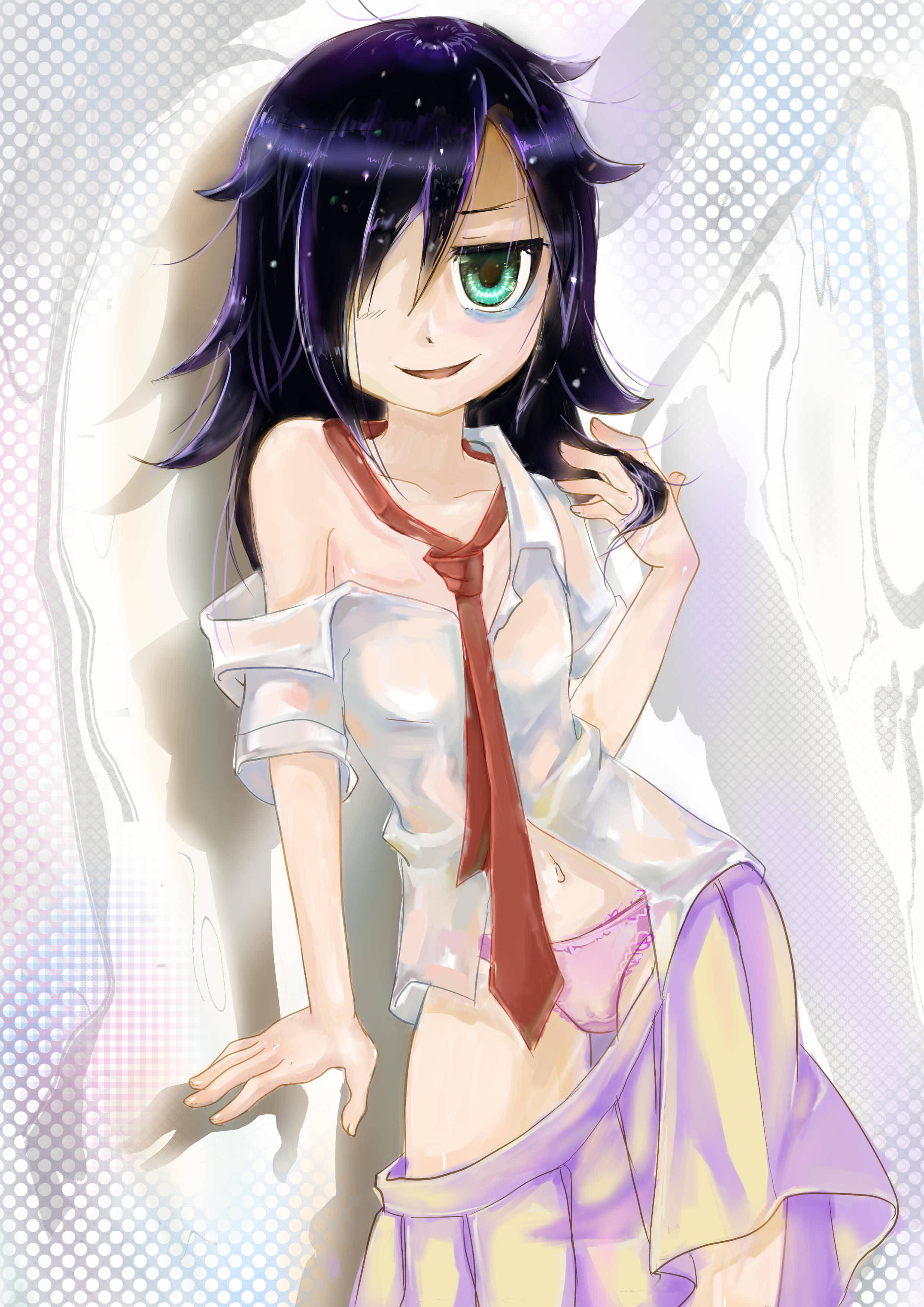1girls, absurdres, bags under eyes, black hair, breasts, clothing, contrapposto, female, flat chest, hair over one eye, highres, holding, holding hair, kuroki tomoko, necktie, off shoulder, open mouth, panties, pink panties, pleated skirt, polka dot, polka dot background, red eyes, school uniform, see-through, skirt, small breasts, smile, solo, treasure (296022079), underwear, watashi ga motenai no wa dou kangaetemo omaera ga warui!
