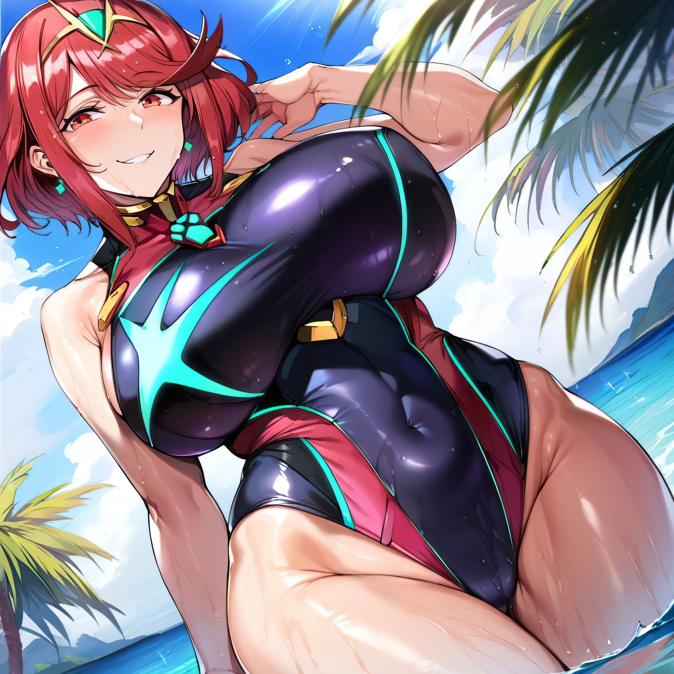 1girls, ai generated, alternate breast size, breasts, female, large breasts, outdoors, partially submerged, pyra, red hair, short hair, solo, swimsuit, swimwear, water, xenoblade chronicles 2
