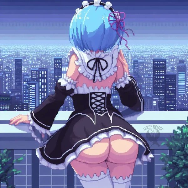 ai generated, ass, ass focus, back view, big ass, blue hair, city, city background, cityscape, facing away, female, maid, maid headdress, maid uniform, re:zero kara hajimeru isekai seikatsu, rem (re:zero), short hair, skirt, solo, stockings, thick thighs, thighs
