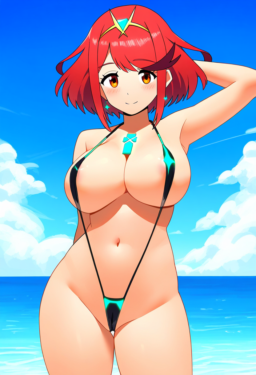 ai_generated alternate_costume breasts core_crystal female female_only nai_diffusion nintendo pyra ryu_ai sling_bikini solo stable_diffusion swimsuit xenoblade_(series) xenoblade_chronicles_2