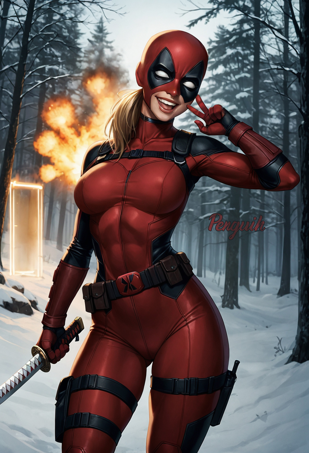 ai_generated alternate_universe avengers bodysuit deadpool deadpool_&_wolverine_(2024) female_version forest katana lady_deadpool marvel marvel_comics mask mtf_crossgender outside penguih perfect_body sexy_pose superheroine wanda_wilson winter x-men