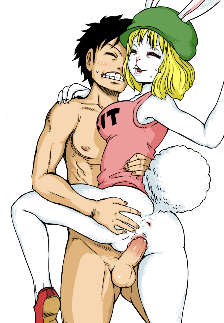 1boy 1girls anthro anus ass big_tail bottomless carrot_(one_piece) clothed clothes female flats fur gloves hair hat headgear hi_res kurita lagomorph long_ears looking_at_viewer male mammal mink_tribe monkey_d_luffy one_piece penis pussy rabbit shoes simple_background straight white_background