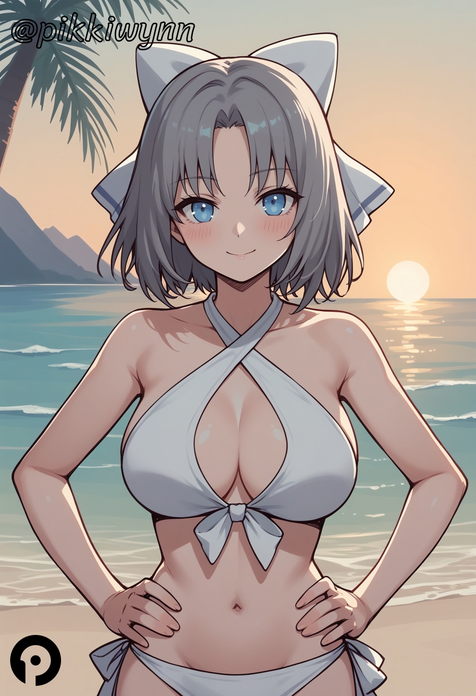 ai_generated bare_shoulders beach bikini blue_eyes blush bow breasts cleavage closed_mouth collarbone female front-tie_top grey_hair hairbow halterneck hands_on_hips large_breasts looking_at_viewer navel ocean outdoors pikkiwynn senran_kagura short_hair side-tie_bikini_bottom smile solo stomach sunset swimsuit tree white_bikini white_bow yumi_(senran_kagura)