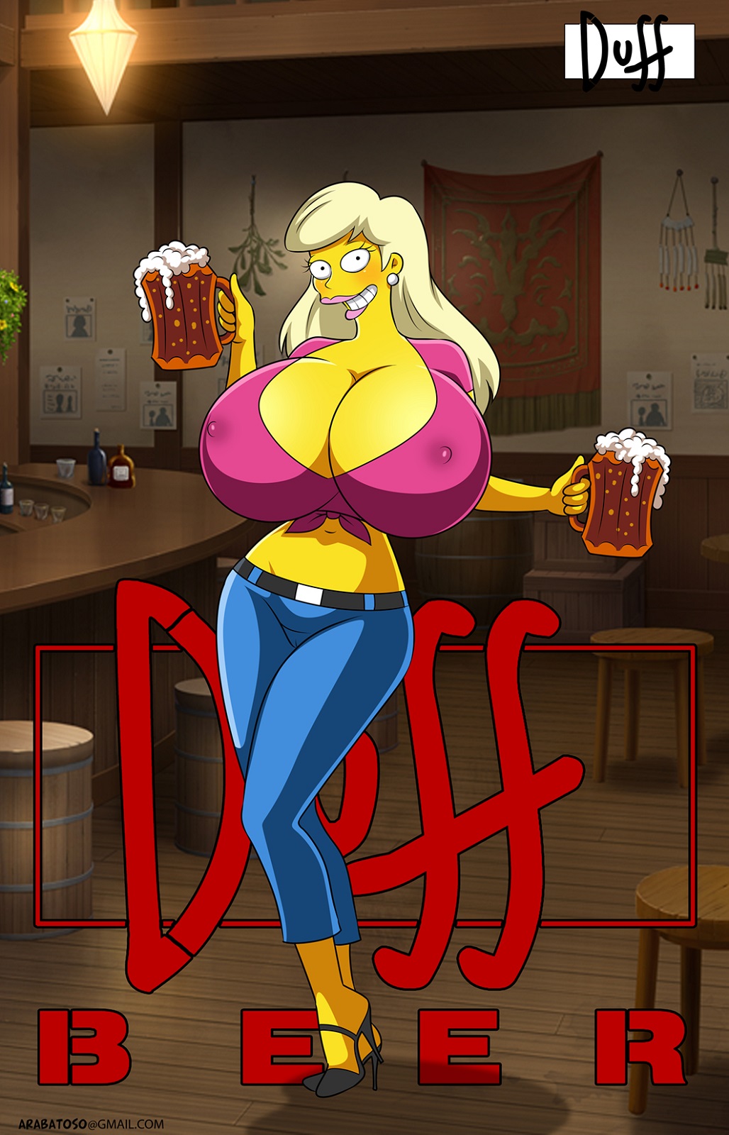 2:3_ratio alternate_breast_size arabatos artist_name beer beer_glass black_high-heels blonde_hair blonde_hair_female breasts cameltoe cleavage duff_beer erect_nipples female female_only gigantic_breasts high_heels long_blonde_hair long_hair long_hair_female looking_at_viewer nipple_bulge nipples_visible_through_clothing solo the_simpsons titania_(the_simpsons) yellow_skin