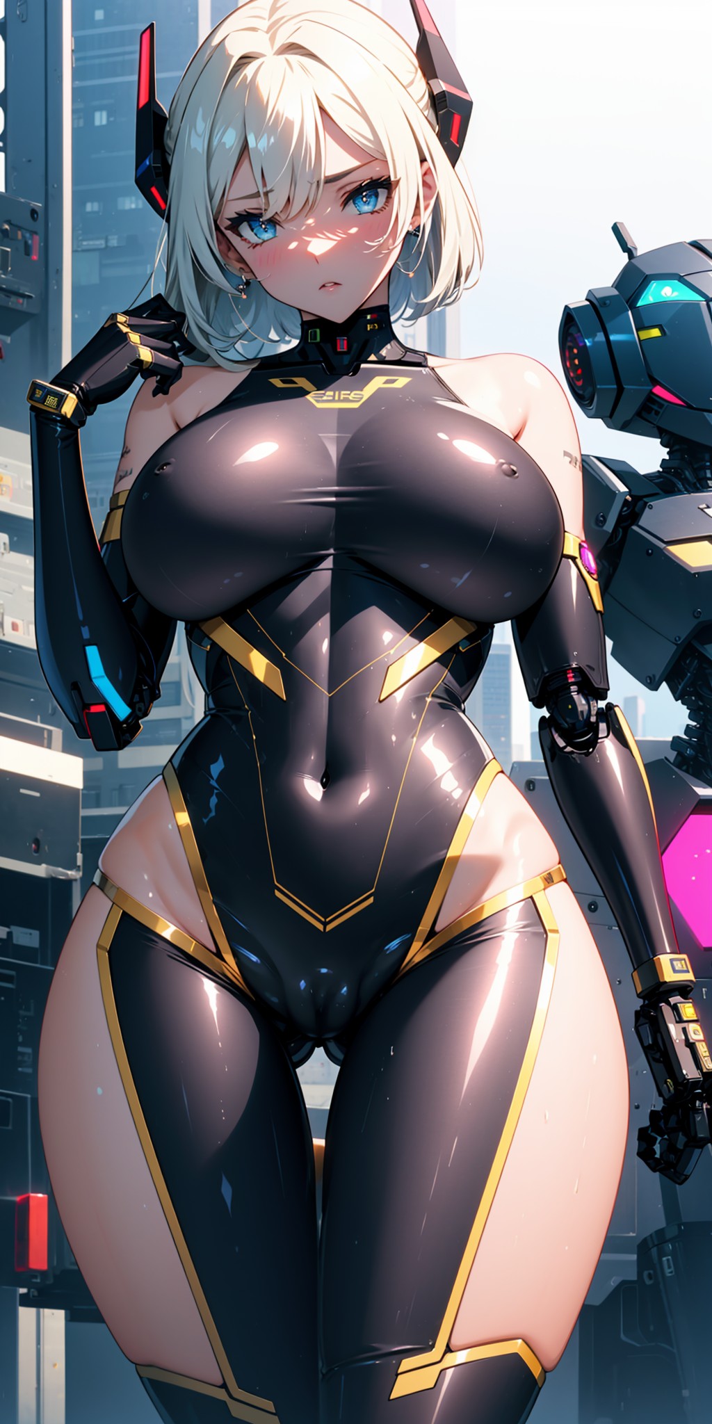 1robot 1robot_girl ai_generated android big_breasts blue_eyes breasts cameltoe looking_at_viewer nipple_bulge nipples nipples_visible_through_clothing poncedart robot_humanoid short_hair thighs white_hair