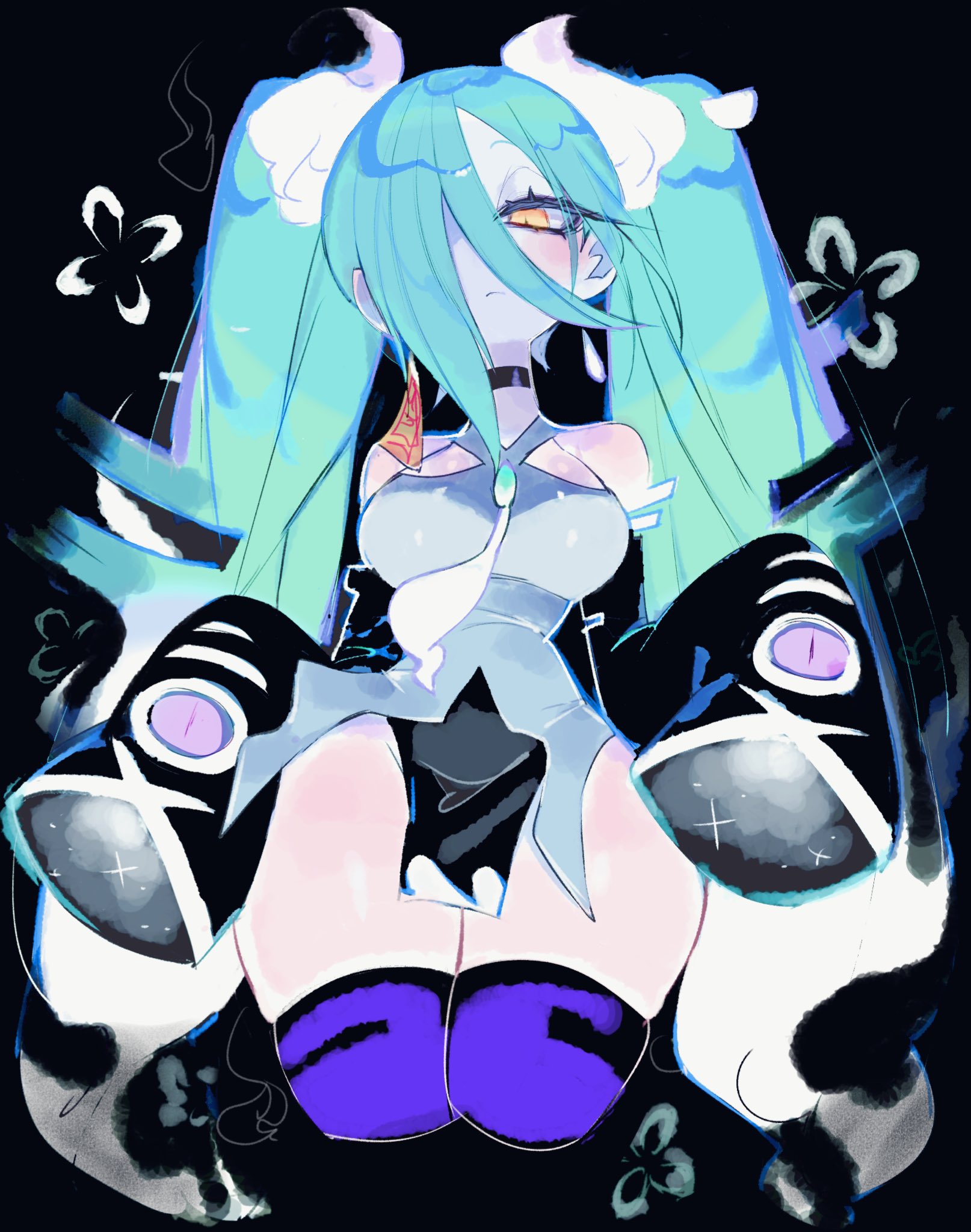 1girl, 1girls, aqua hair, bare shoulders, big thighs, black background, blue hair, breasts, china dress, chinese clothes, choker, closed mouth, clothed, clothing, crossover, detached sleeves, dress, earrings, female, female only, ghost, ghost girl, hair ornament, hair over one eye, hatsune miku, hatsune miku (ghost-type trainer), hourglass figure, jewelry, long hair, long sleeves, looking at viewer, medium breasts, narrow waist, nintendo, no panties, orange eyes, pelvic curtain, pokemon, pokemon trainer, pov, project voltage, purple thighhighs, shiny skin, short skirt, simple background, skindentation, skirt, sleeves past fingers, sleeves past wrists, slim waist, solo, solo female, thick thighs, thighhighs, thighs, thunder thighs, tight clothing, twintails, usa37107692, very long hair, vocaloid, wide hips, yellow eyes