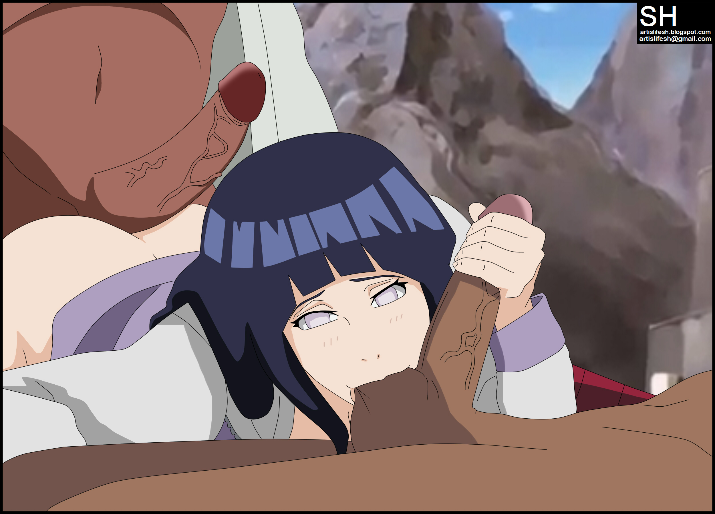 ass, assjob, balls, balls sucking, blue hair, buttjob, dark skin, dark-skinned male, fellatio, female, handjob, hyuuga hinata, interracial, long hair, male, naruto, naruto (series), naruto shippuden, naruto shippuuden, ninja, oral, penis, purple eyes, raihina, raikage, shika-hina