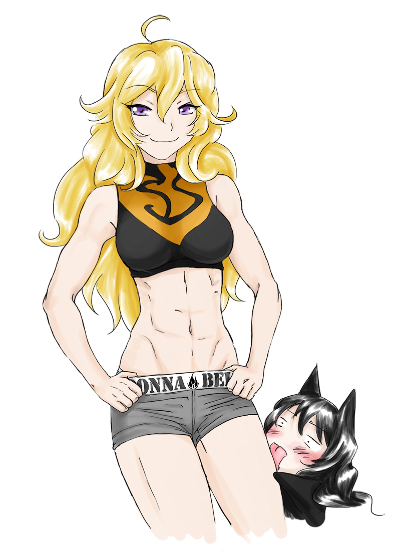 2girls, abs, ahoge, animal ears, black hair, blake belladonna, blonde hair, blush, canon couple, cat ears, clothes writing, female, licking, long hair, multiple females, multiple girls, navel, purple eyes, rwby, smile, thighs, toned, white background, y8ay8a, yang xiao long, yaya (y8ay8a), yuri