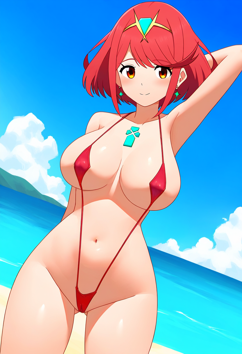 ai_generated alternate_costume breasts core_crystal female female_only nai_diffusion nintendo pyra ryu_ai sling_bikini solo stable_diffusion swimsuit xenoblade_(series) xenoblade_chronicles_2