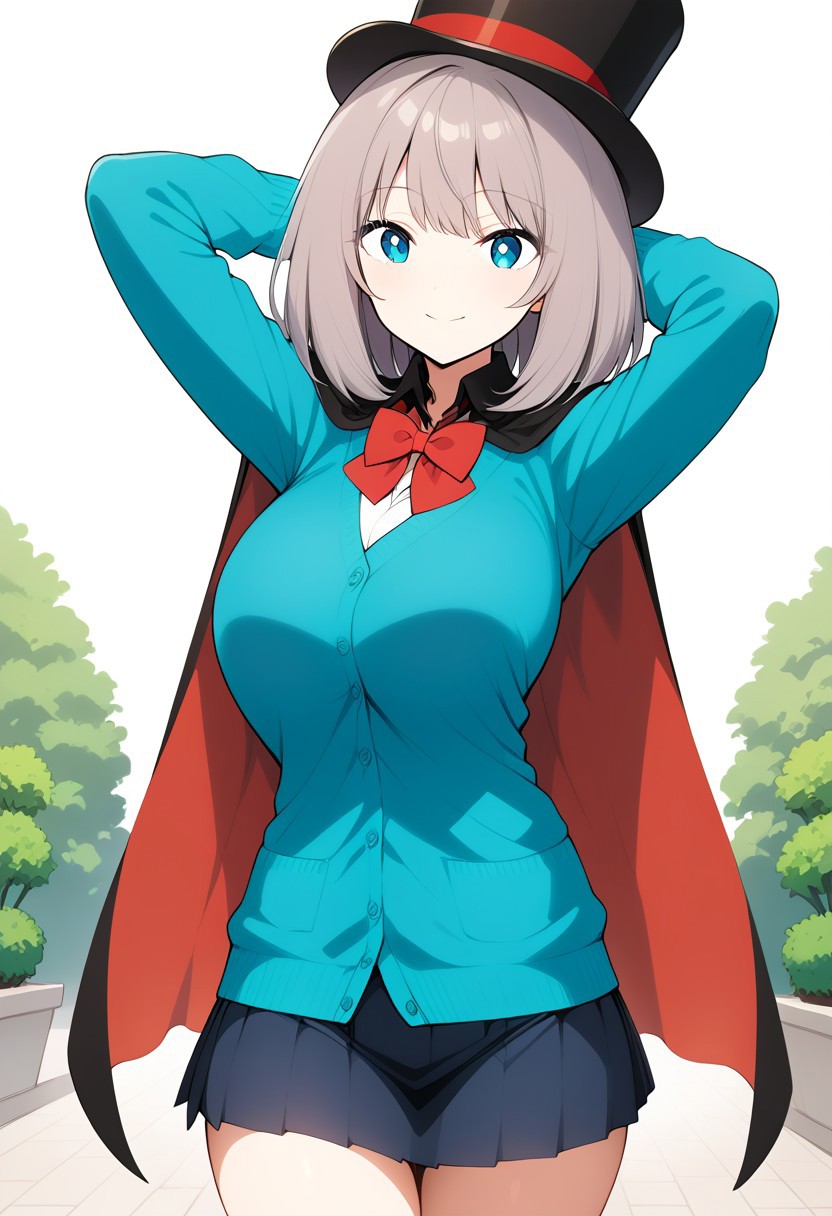 ai_generated arms_behind_head blue_eyes blue_shirt bob_cut cape civitai cylinder grey_hair silver_hair skirt smile tejina_senpai tejina_senpai_(character) tejina_senpai_(series)