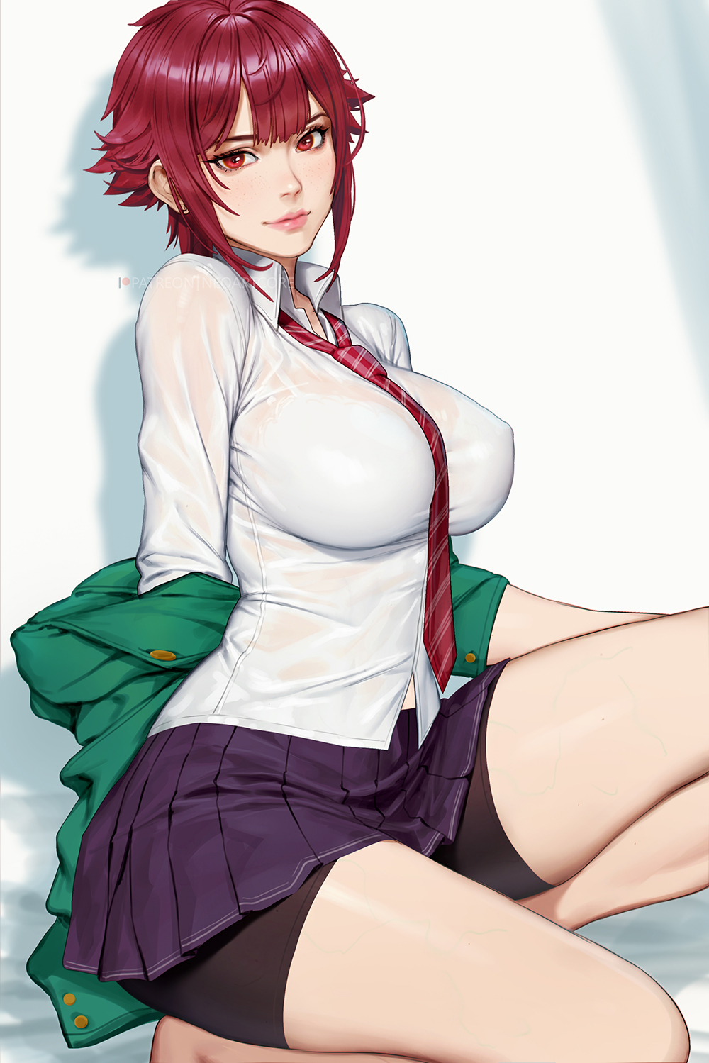 1girls aizawa_tomo bare_legs bare_thighs big_breasts bike_shorts blush clothed clothing color female female_focus female_only hi_res human large_breasts light-skinned_female light_skin looking_at_viewer neoartcore red_eyes red_hair school_uniform schoolgirl schoolgirl_uniform short_hair skirt slim_waist solo solo_female spats tagme teenage_girl teenager thick_thighs tomboy tomo-chan_wa_onna_no_ko variant wide_hips