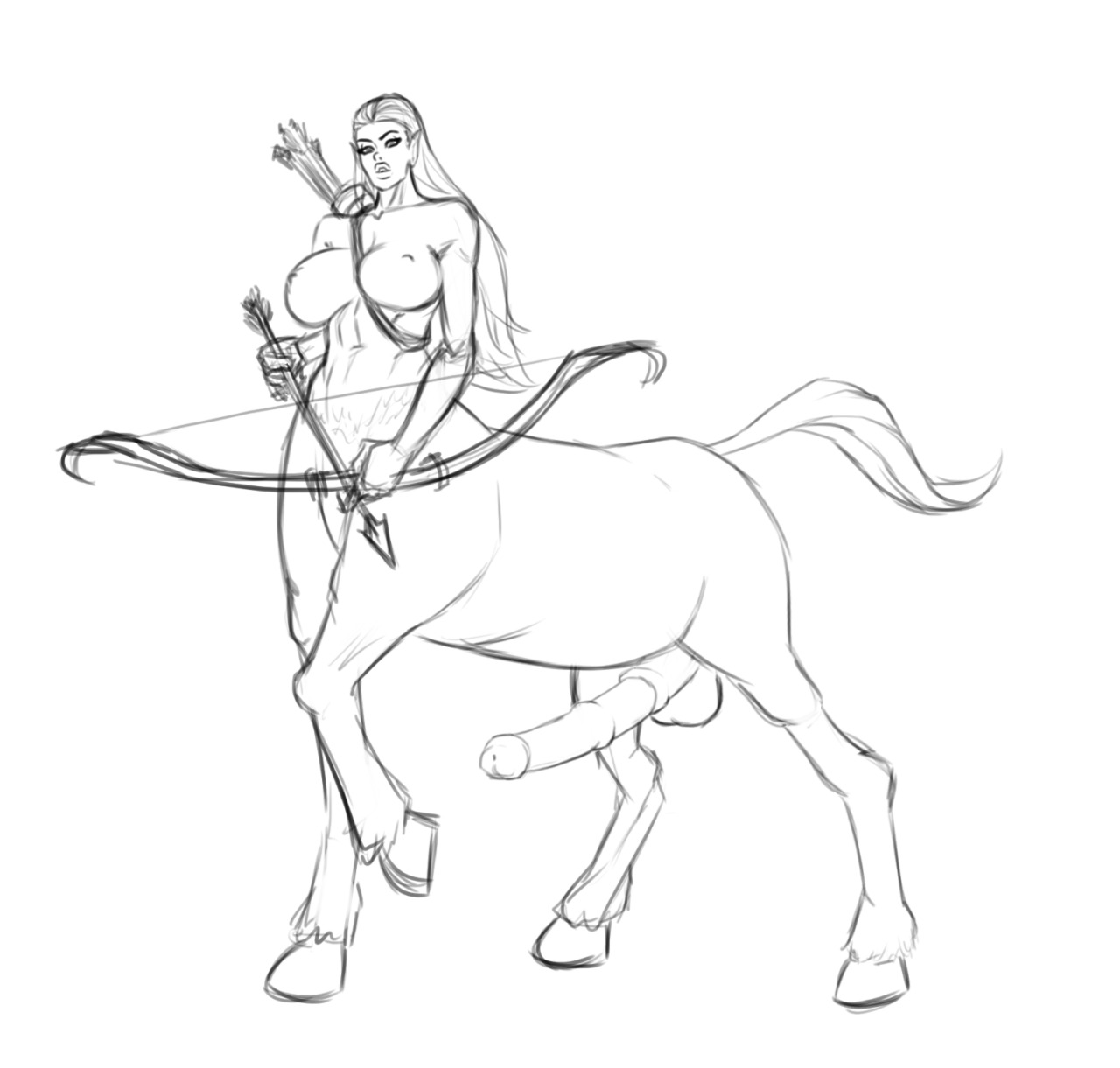 1futa, animal genitalia, animal genitalia on humanoid, archery, areola, arrows, balls, big breasts, bow (weapon), bow and arrow, breasts, centaur, erection, futa centaur, futa only, futanari, horse penis, horsecock, horsecock on humanoid, huge cock, intersex, large breasts, large penis, long hair, looking at viewer, medial ring, monochrome, nacnac, nipples, penis, sheath, sketch, solo, solo futa, tail, taur, testicles, weapon