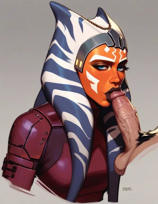 1boy 1girls ahsoka_tano ai_generated blowjob female kissing_penis male nsfwaibs penis plump_lips star_wars togruta