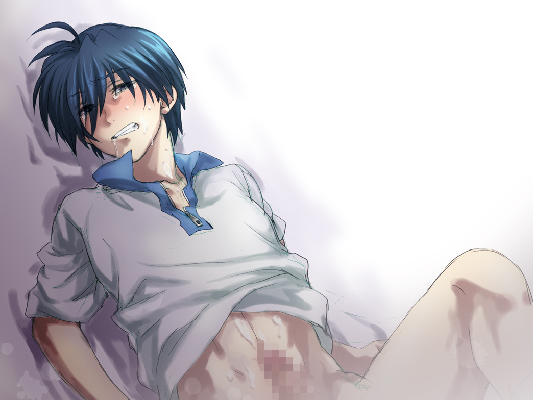 1boy anal blush bottomless censored clannad clothing cum cum_on_body male_only okazaki_tomoya sex student wince yaoi