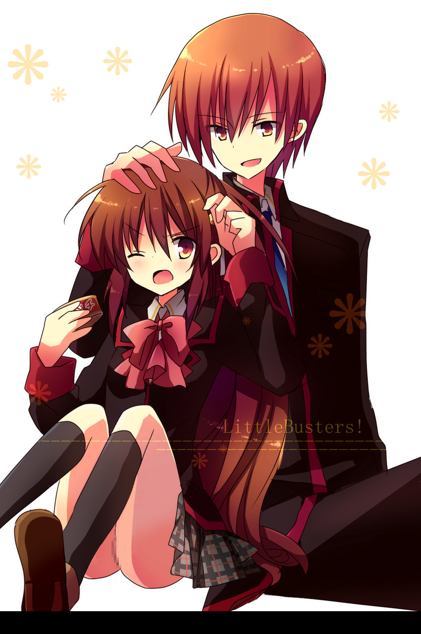 1boy bow brother_and_sister brown_hair censored female high_resolution highres little_busters! long_hair mosaic_censoring natsume_kyousuke natsume_rin no_panties photoshop pink_bow ponytail red_eyes school_uniform short_hair siblings tied_hair yukiyukidaihuku yuna_(pixiv)