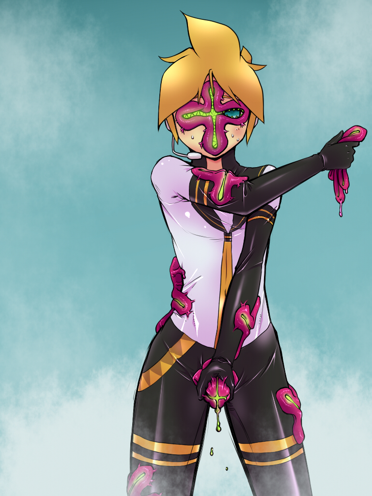 1boy alien blonde_hair blue_eyes blush clothes cum cumdrip empty_eyes erection green_cum hair human interspecies kagamine_len male malesub masturbation parasite penis radeon standing vocaloid