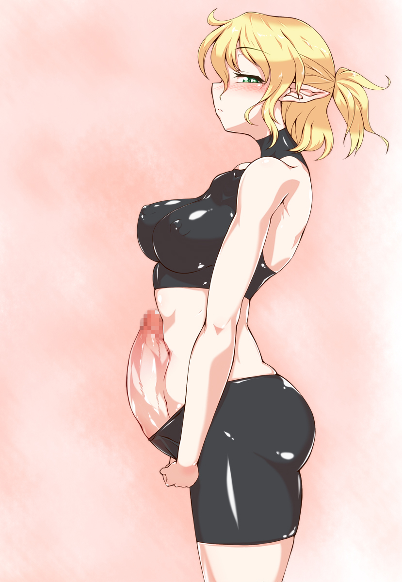 1futa bike_shorts blonde_hair blush breasts censored censored_penis covered_nipples erect_nipples futa_only futanari green_eyes hair highres intersex looking_at_viewer mizuhashi_parsee pandain pointy_ears profile short_hair shorts solo touhou