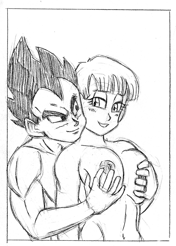 1boy 1girls bottomless breast_grab breasts bulma_briefs dragon_ball dragon_ball_z duo female funsexydragonball happy human male mobile_size monochrome nipples no_link nude vegeta