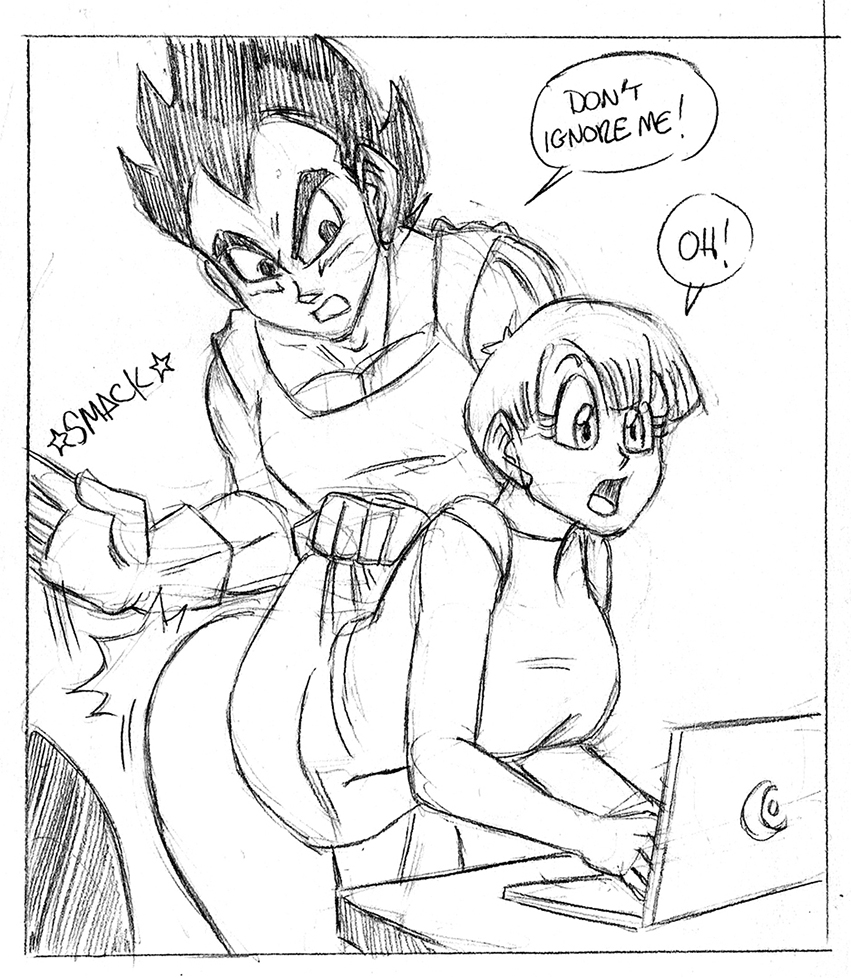 1boy 1girls artist bulma_briefs clothes dragon_ball dragon_ball_z duo female femsub funsexydragonball hair human laptop male maledom monochrome no_link open_mouth short_hair spanking speech surprised vegeta