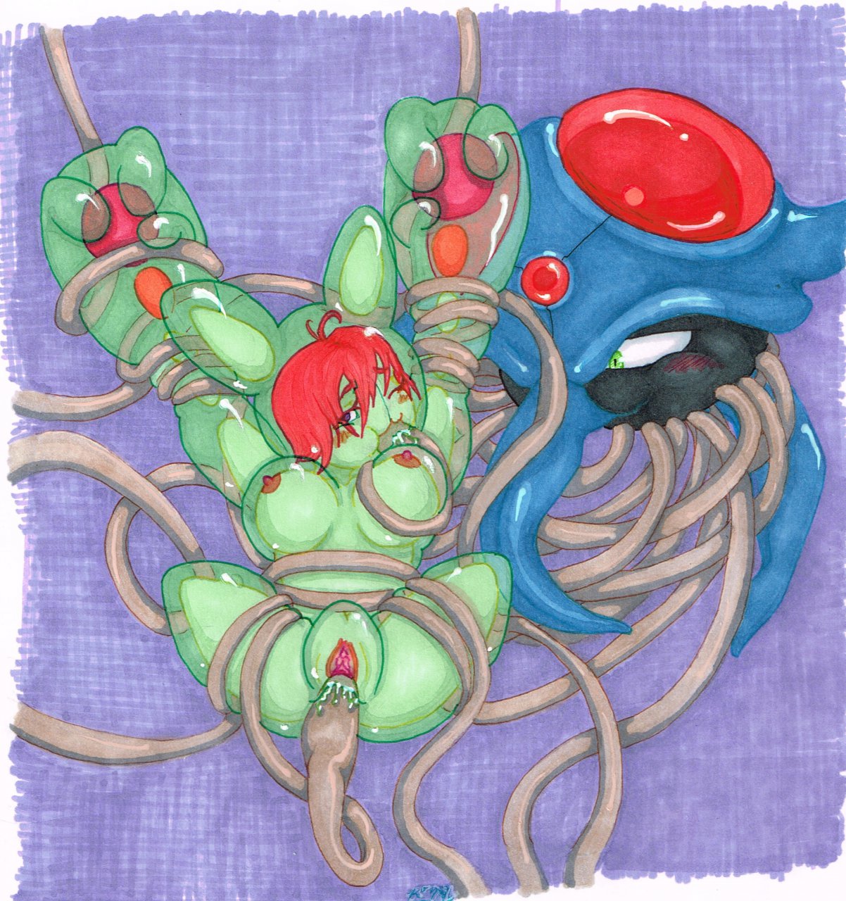 1boy blush breast_grab breasts female femsub green_eyes hair male maledom mobile_size nintendo nipples no_link oral pokemon pussy red_hair reniculus restrained reuniclus short_hair sketch tentacle tentacruel vaginal_penetration