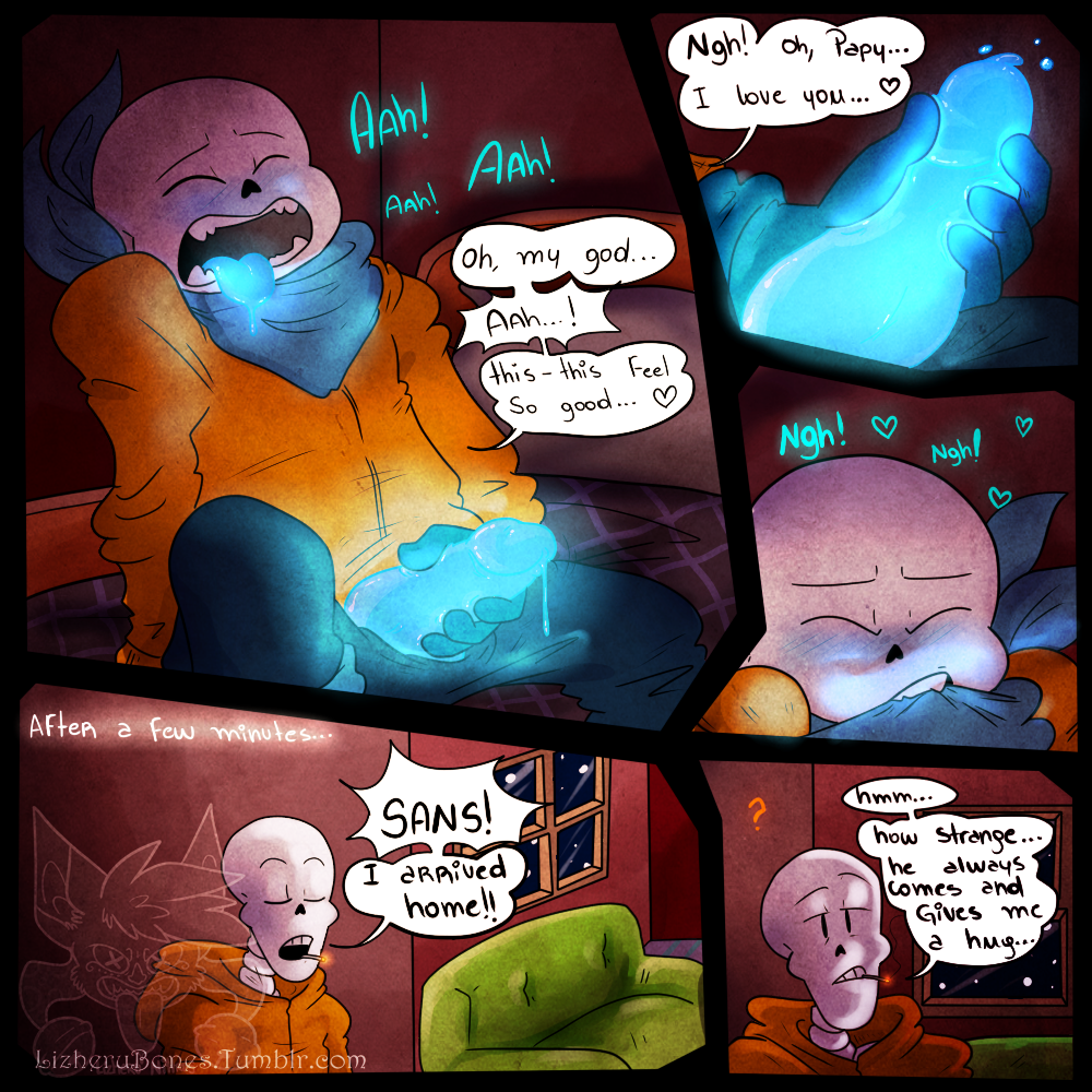 bed blush bone closed_eyes comic dialogue gay heart implied_incest lizheru_(artist) male male_only masturbation orgasm papyrus_au penis sans sans_au sitting skeleton text tongue undertale video_games